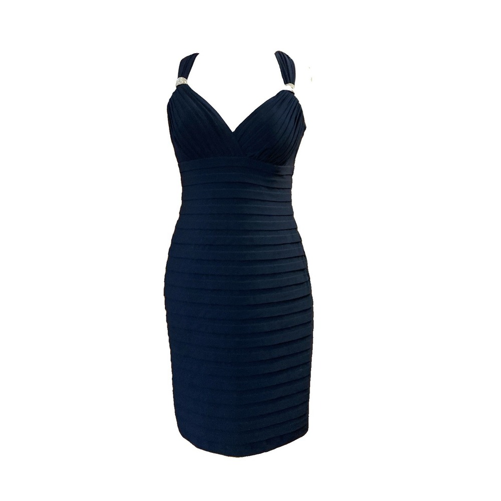CACHE Cocktail Dress Sz 10 New Navy Shutter Drape Open Back Bodycon Pads Stretch